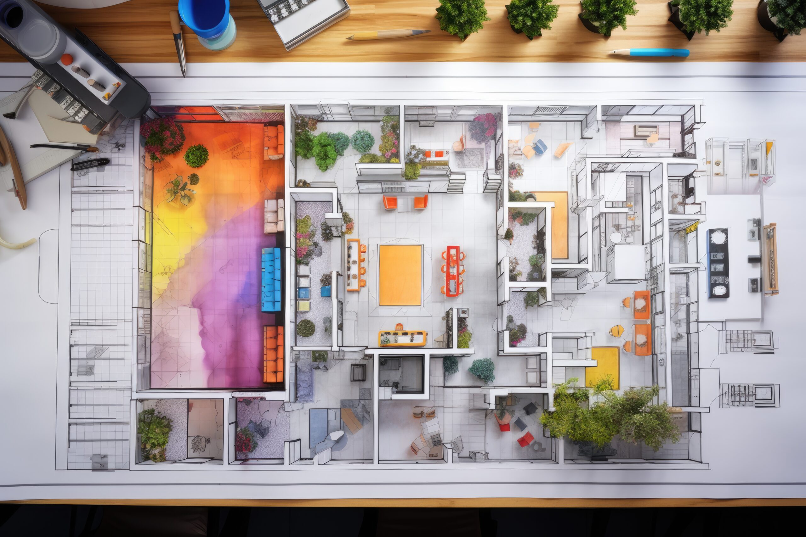 Architectural plans with landscape design on the desk. Top view