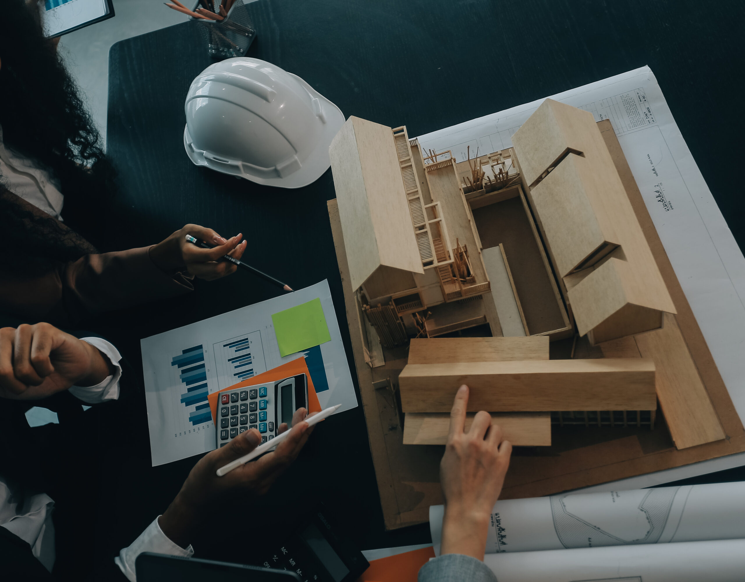 Engineer Teamwork Meeting, Drawing working on blueprint meeting for project working with partner on model building and engineering tools in working site, Construction and structure concept.